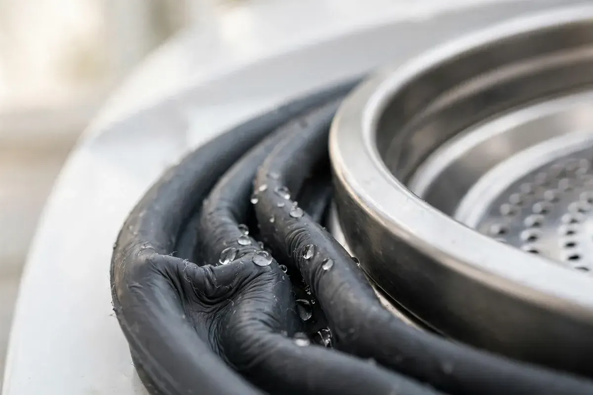Close-up of a front load washer door seal and stainless steel drum edge