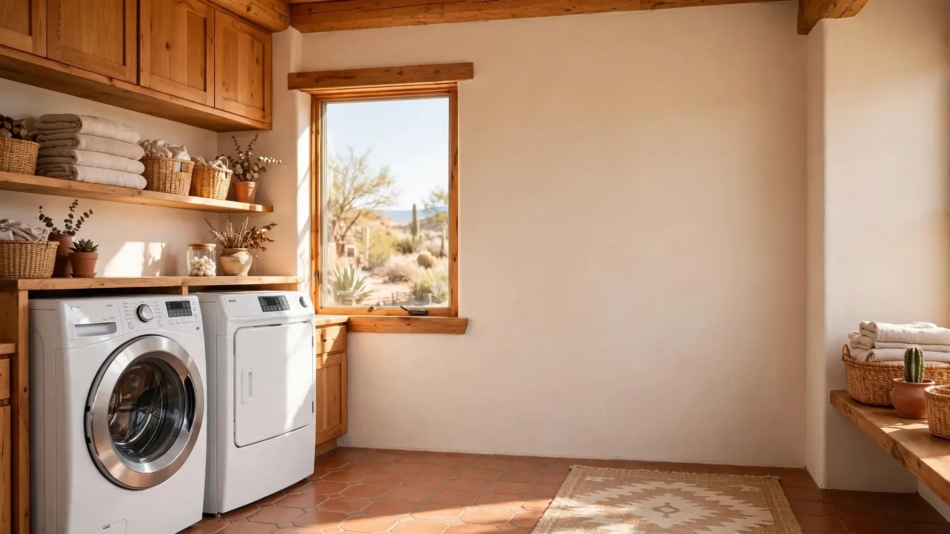 Front load washer and dryer in a tidy home laundry room with a window and open wall space